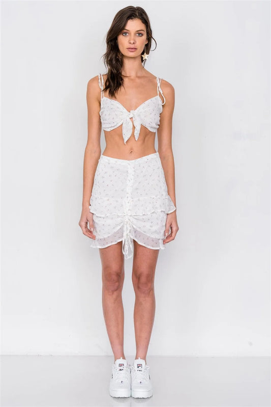Off-White Minimalist Floral Print Bow Bandeau Mini Frill Skirt Set /3-2-1 - Tasha Apparel Wholesale