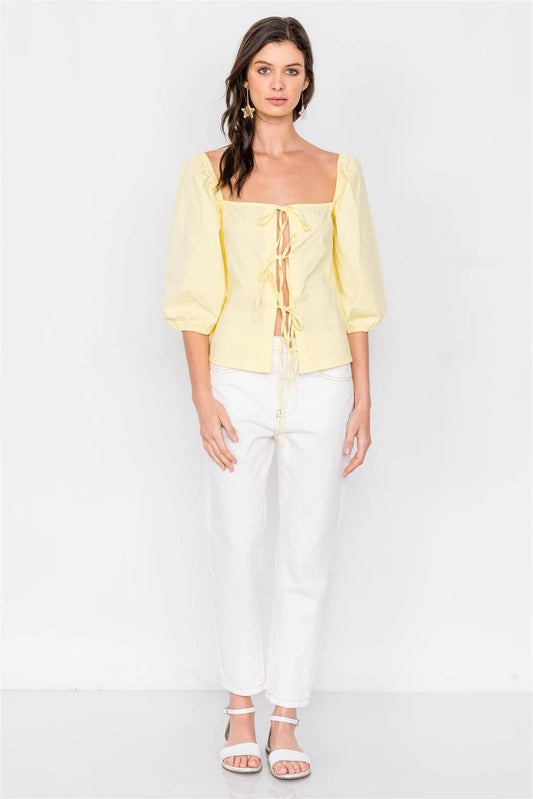 Yellow Square Neck Front Tie Cut Out Top /4-2-1 - Tasha Apparel Wholesale