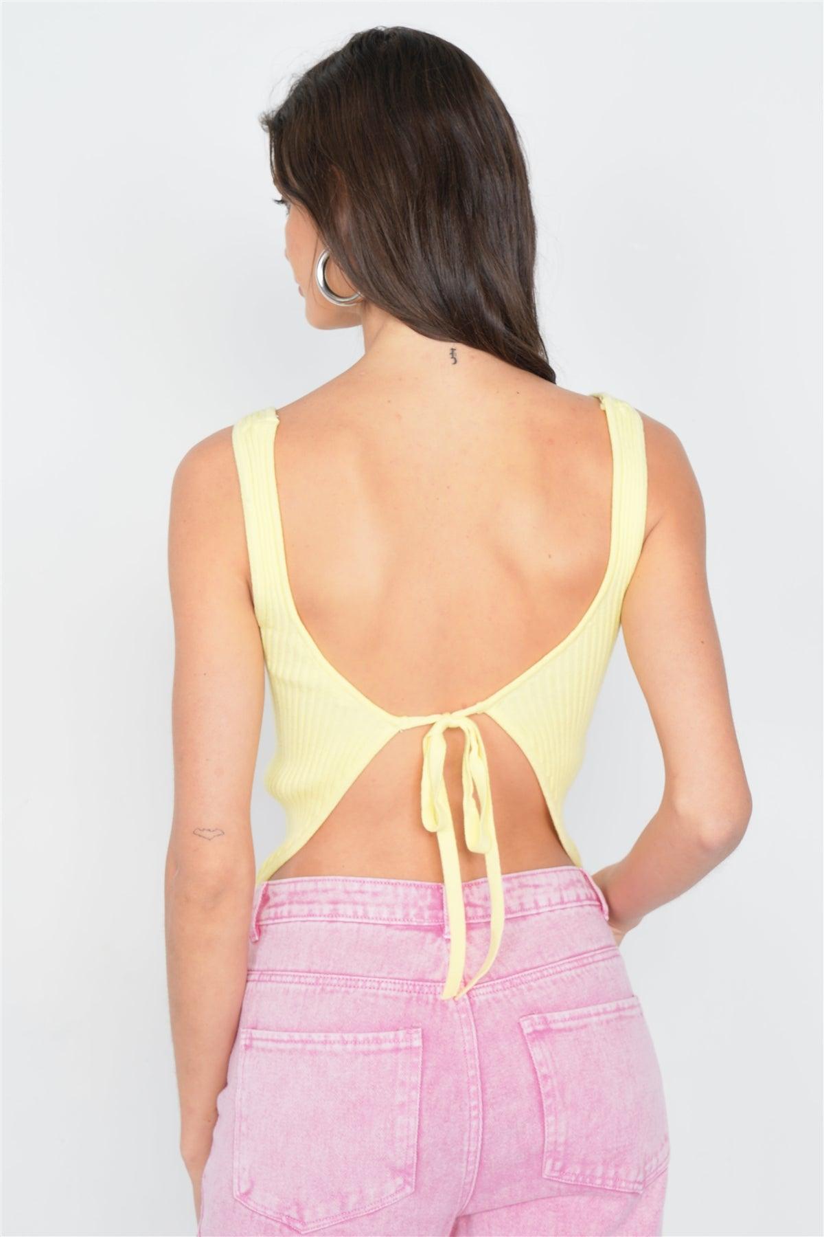 Yellow Ribbed Open Back Bow Casual Cami Top /2-1-1