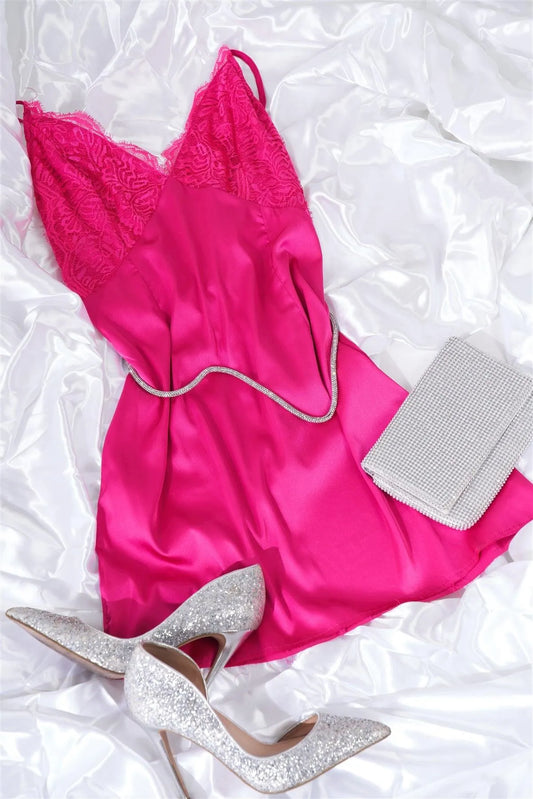 Hot Pink Silk Leave Trim Raw Hem Criss-Cross Back Mini Chic Dress /3-2-1 - Tasha Apparel Wholesale