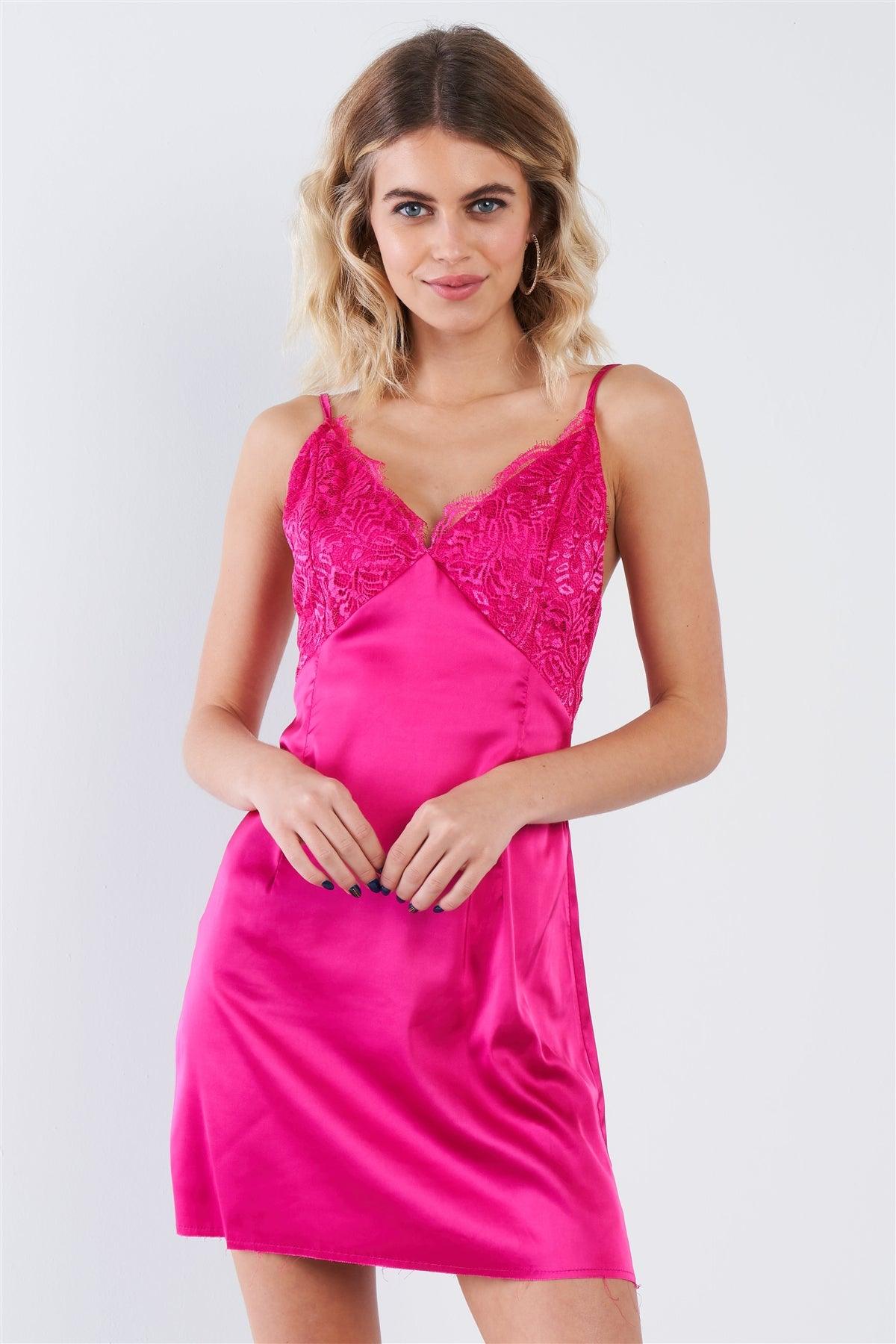 Hot Pink Silk Leave Trim Raw Hem Criss-Cross Back Mini Chic Dress   /3-2-1