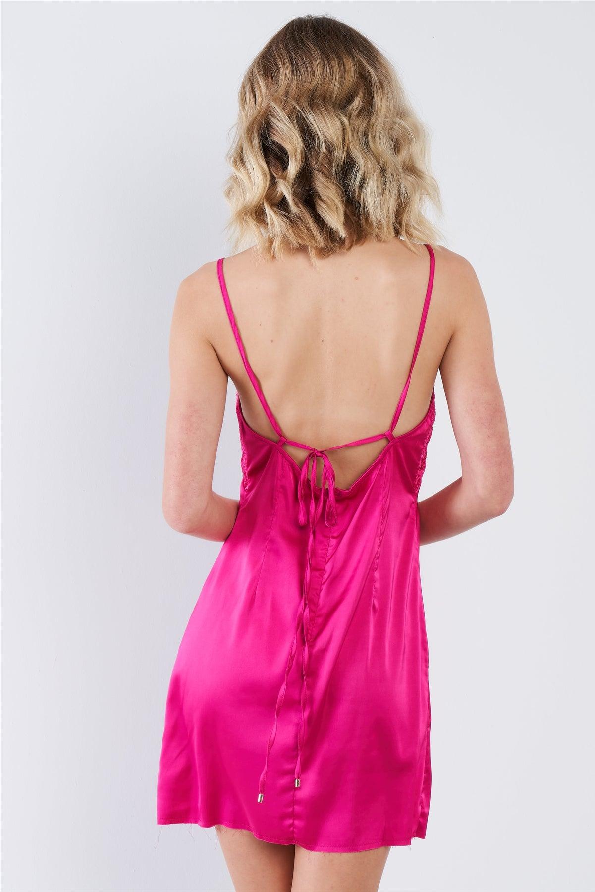 Hot Pink Silk Leave Trim Raw Hem Criss-Cross Back Mini Chic Dress   /3-2-1