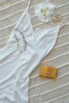 Pearl White Silk Leave Trim Raw Hem Criss-Cross Back Mini Chic Dress /3-2-1