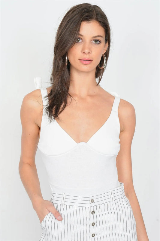 Off-White Knot Shoulder V-Neck Thong Snap Bodysuit /3-2-1 - Tasha Apparel Wholesale