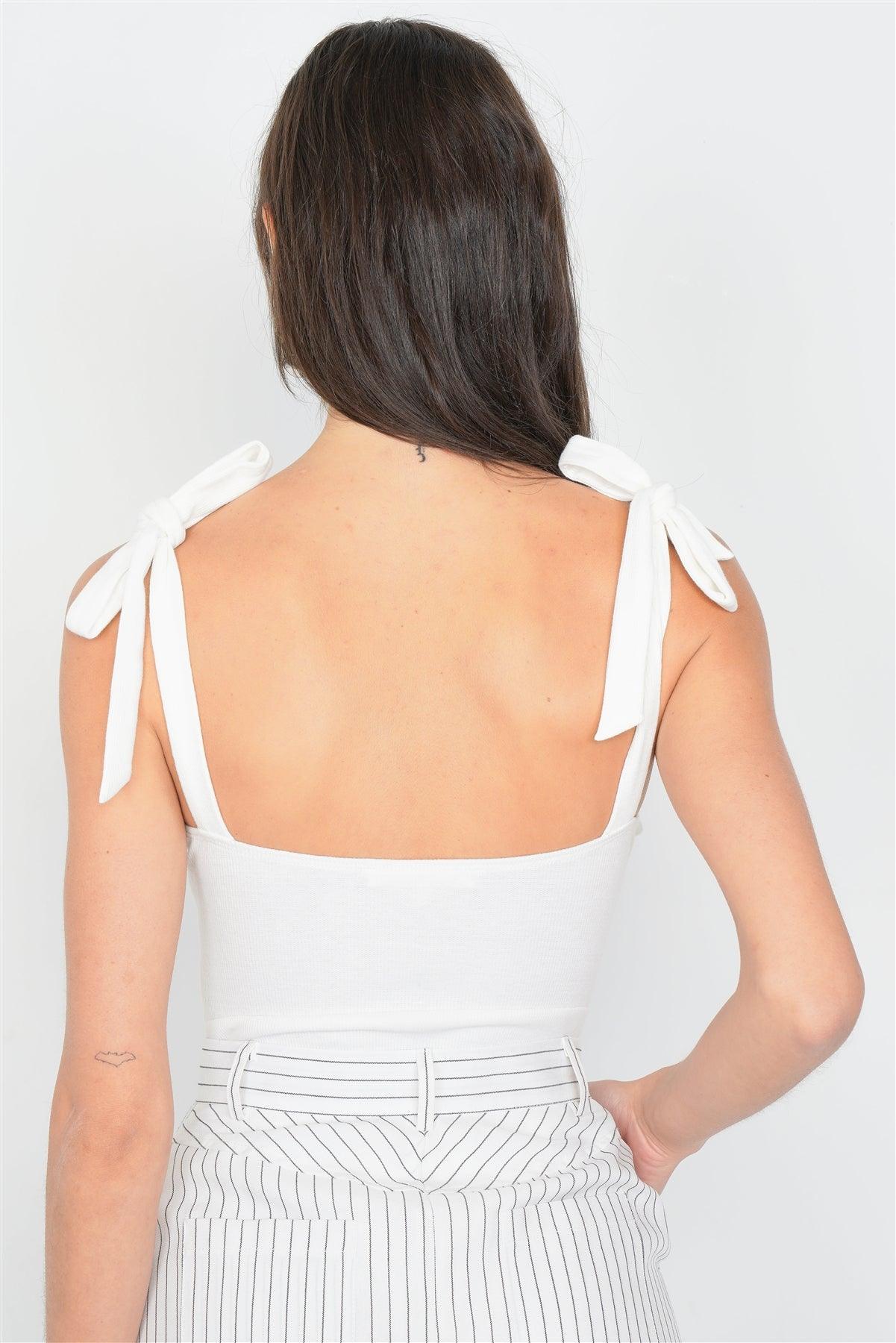 Off-White Knot Shoulder V-Neck Thong Snap Bodysuit /3-2-1