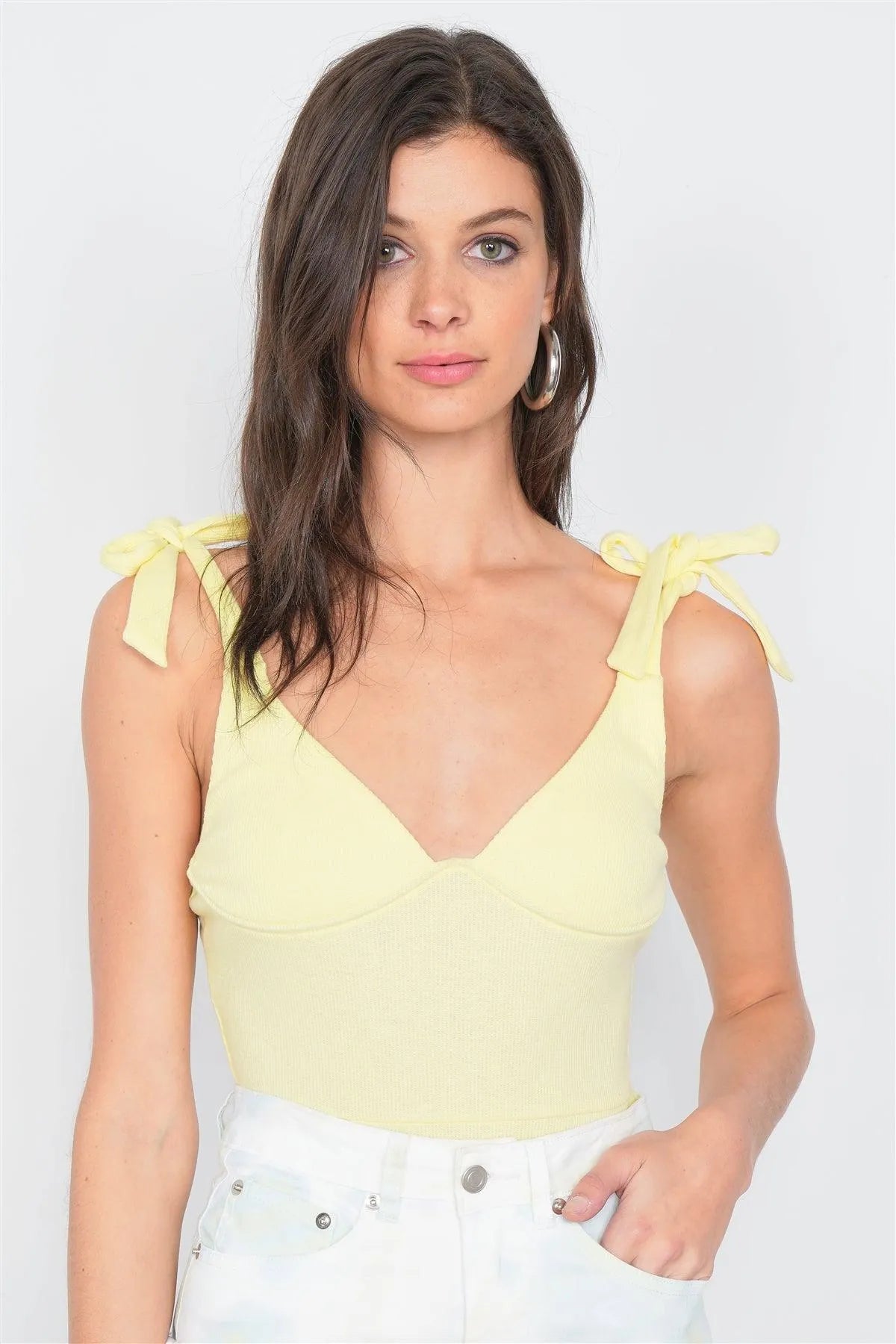 Yellow Knot Shoulder V-Neck Thong Snap Bodysuit /4-2-1 - Tasha Apparel Wholesale