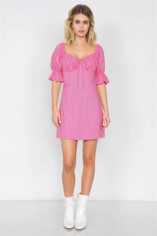 Pink Vintage Square Neck Flounce 3/4 Sleeve Mini Dress /3-2-1 - Tasha Apparel Wholesale