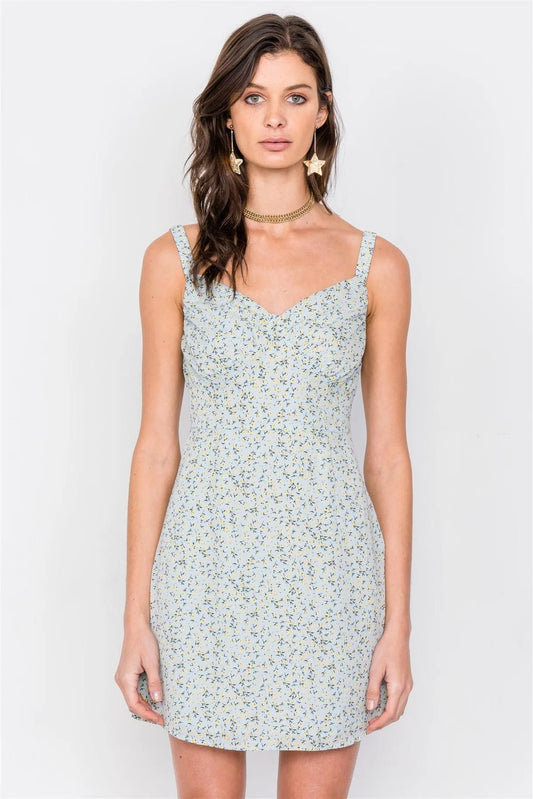 Mint Blue Minimalist Boho Floral Chic Mini Dress /3-2-1 - Tasha Apparel Wholesale