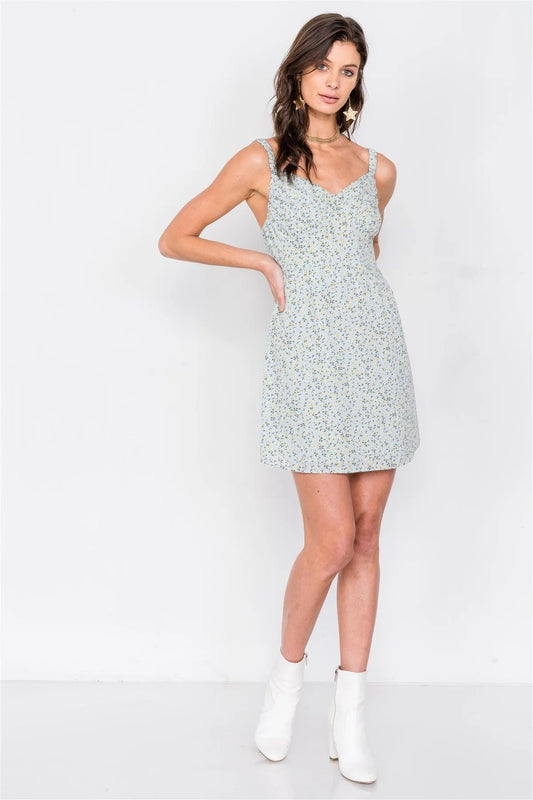 Mint Blue Minimalist Boho Floral Chic Mini Dress /4-2-1 - Tasha Apparel Wholesale