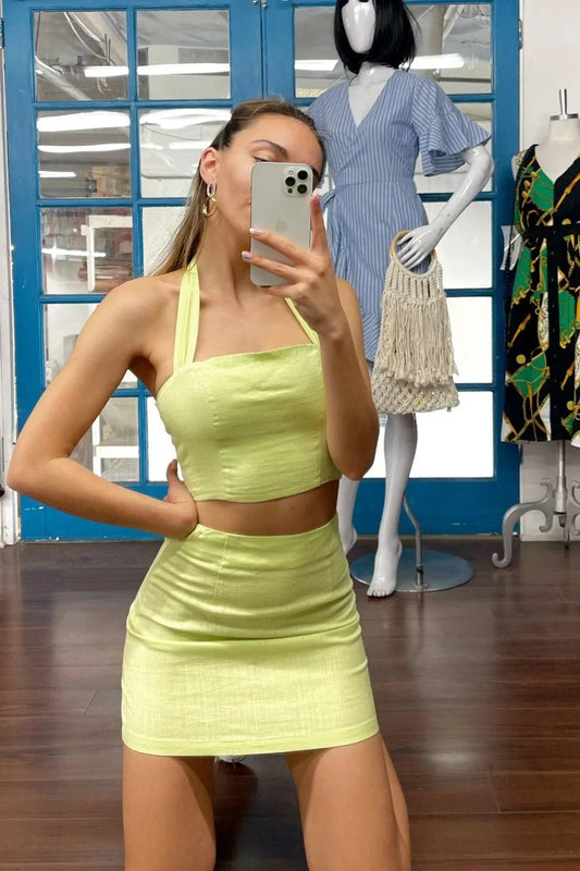 Lemonade Lime Green Smocked Crop Halter & Chic Mini Skirt Set /3-2-1 - Tasha Apparel Wholesale