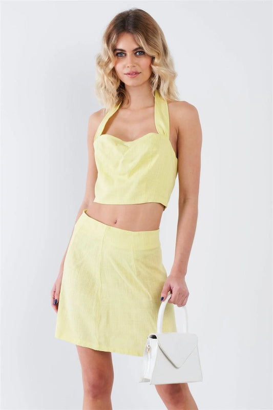 Yellow Smocked Crop Halter & Chic Mini Skirt Set /3-2-1 - Tasha Apparel Wholesale