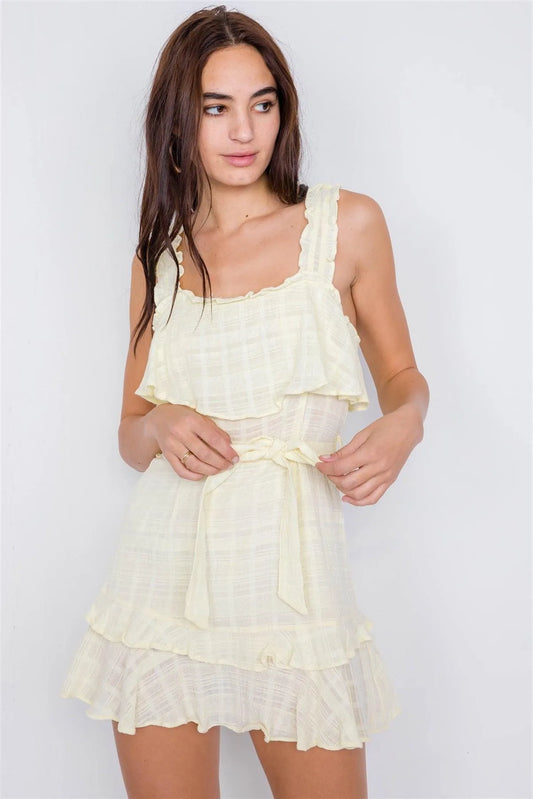 Lemonade Cotton Layered Frill Embroidered Plaid Print Chic Mini Dress /3-2-1 - Tasha Apparel Wholesale