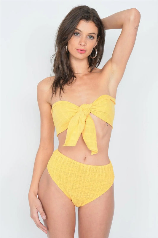 Tangerine Orange Vintage High Waist Bandeau Front Knot Bikini Set /3-2-1 - Tasha Apparel Wholesale