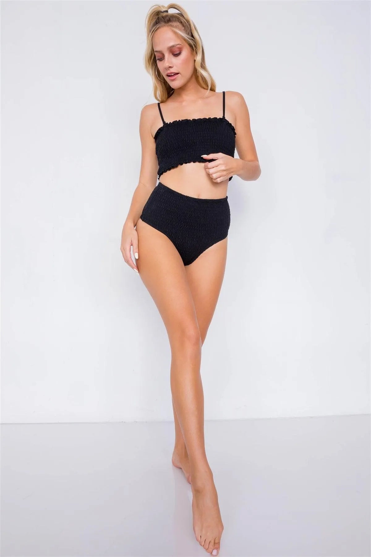 Black Ruched Square Neck High Waist Bikini Set /3-2-1 - Tasha Apparel Wholesale