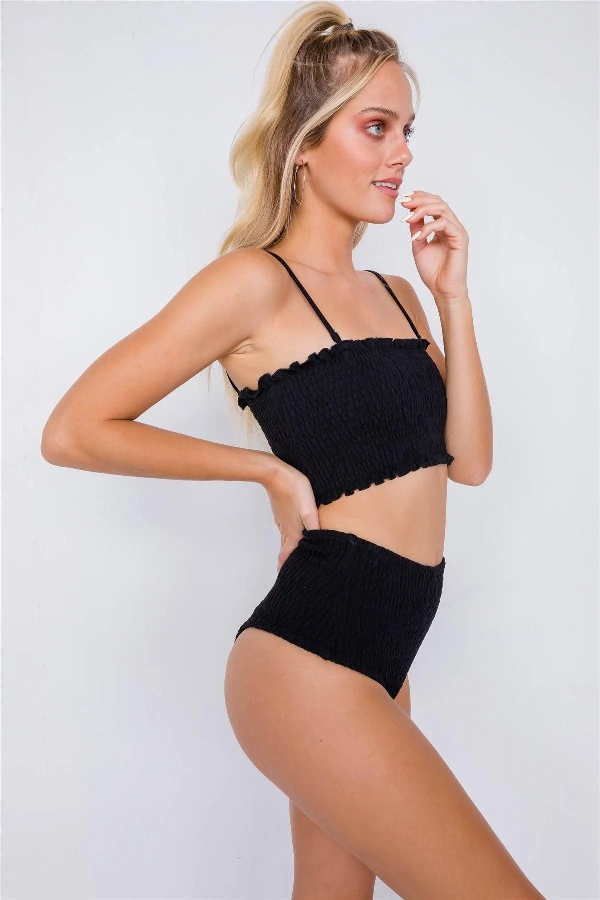 Black Ruched Square Neck High Waist Bikini Set /3-2-1 - Tasha Apparel Wholesale