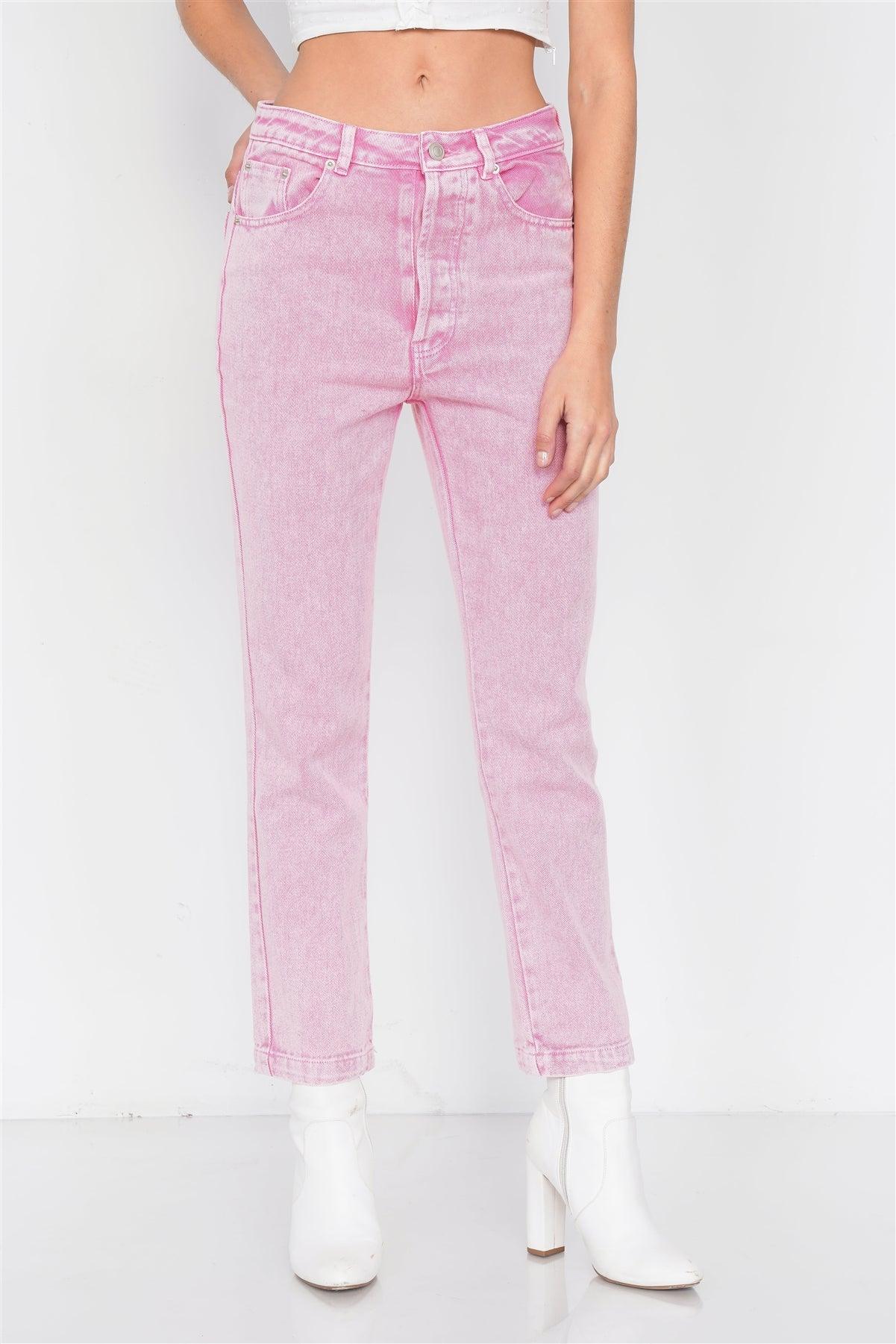 Pink Cotton Denim Acid Washed Boot Cut Jeans  /3-2-1