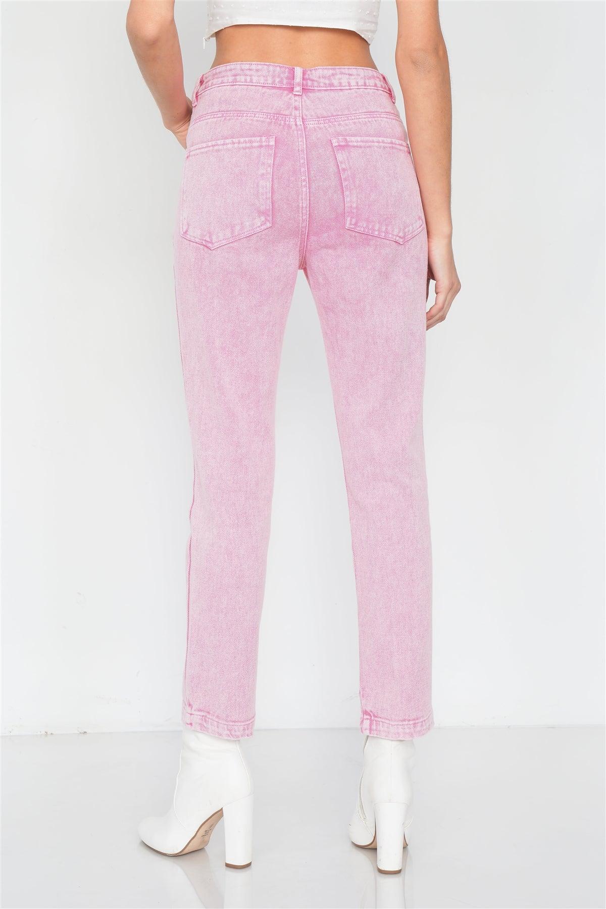 Pink Cotton Denim Acid Washed Boot Cut Jeans  /3-2-1