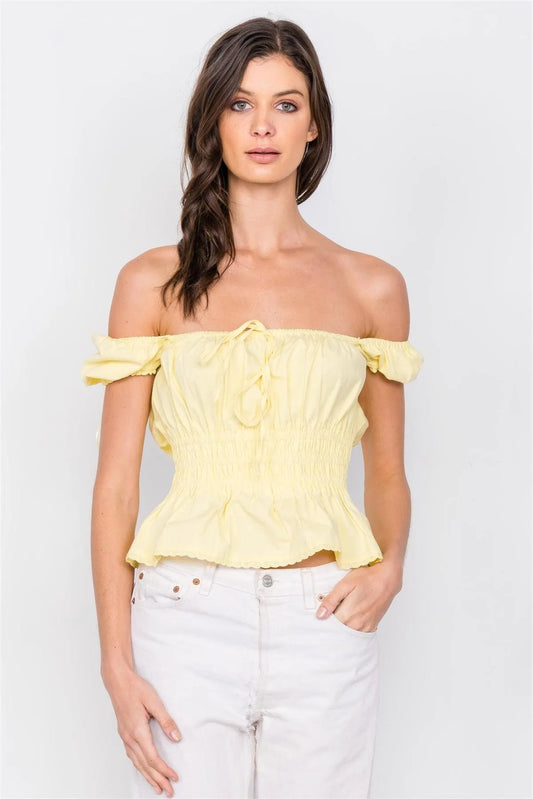 Yellow Puff Cap Sleeve Eyelet Scallop Trim Peplum Top /3-2-1 - Tasha Apparel Wholesale