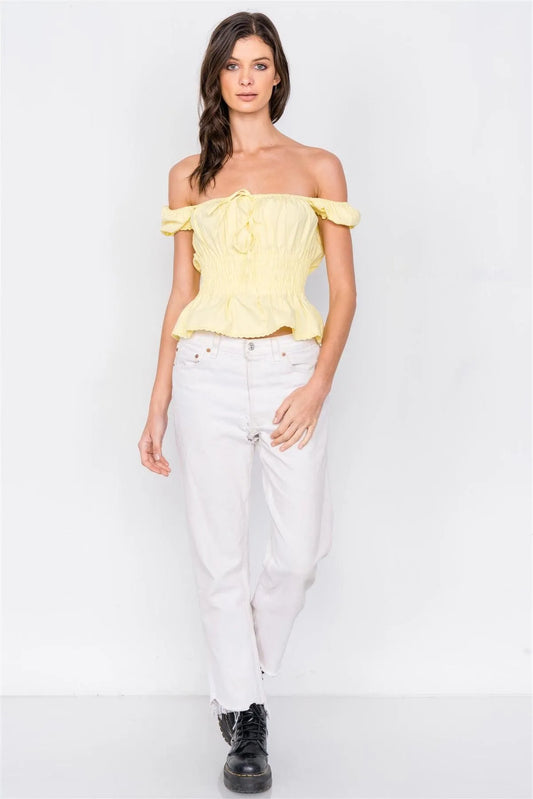 Yellow Puff Cap Sleeve Eyelet Scallop Trim Peplum Top /4-2-1 - Tasha Apparel Wholesale