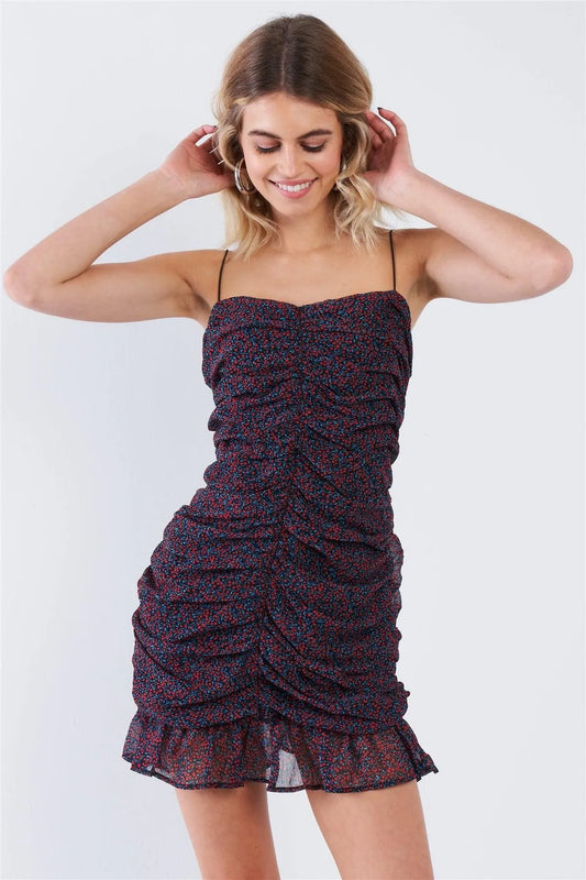 Black Square Neck Ruffle Floral Chiffon Mini Dress /3-2-1 - Tasha Apparel Wholesale