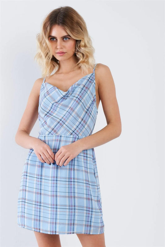 Sky Blue Sheer Multi Strip Open Back Mini Chic Dress /3-2-1 - Tasha Apparel Wholesale