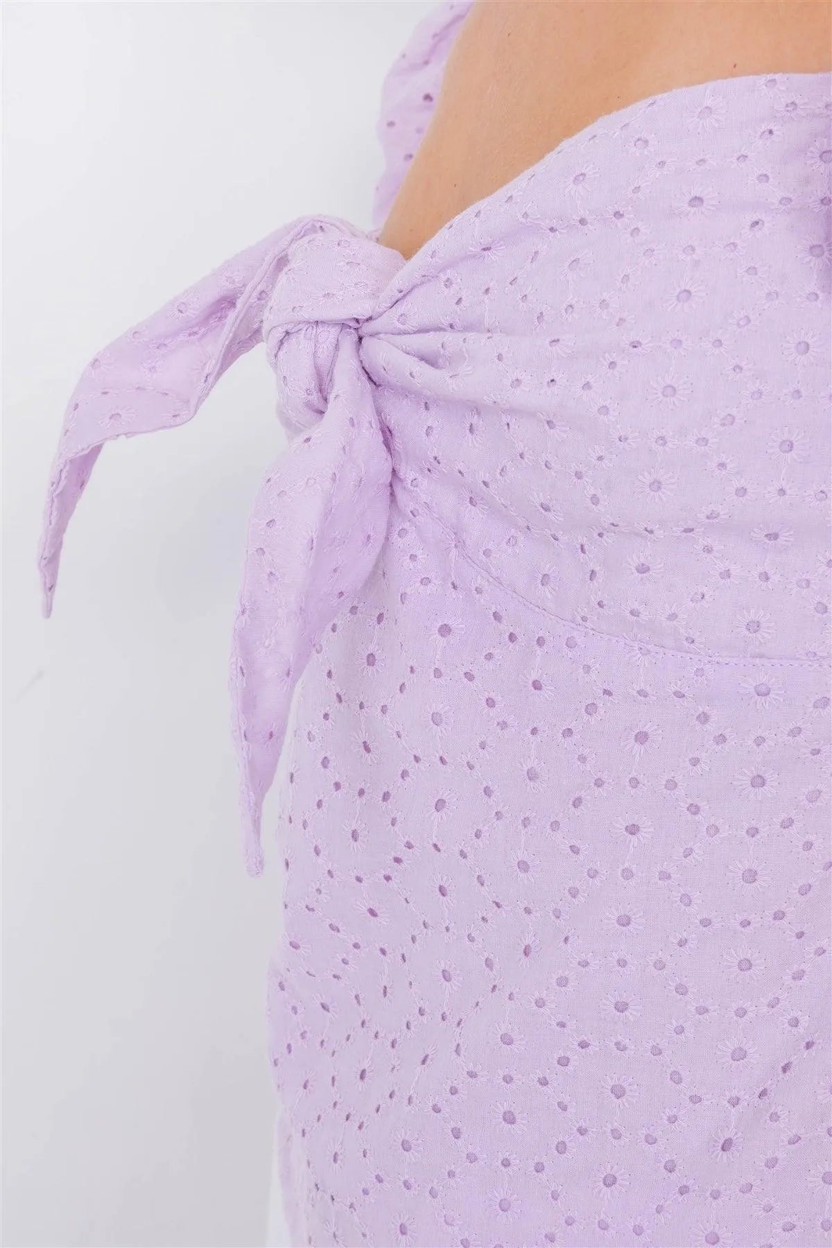 Lavender Floral Eyelet Office Chic Square Neck Front Bow Top /3-2-1 - Tasha Apparel Wholesale