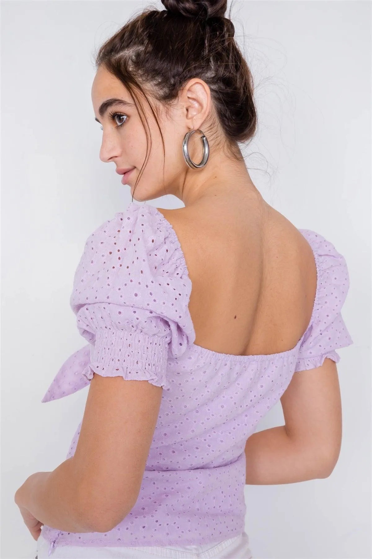 Lavender Floral Eyelet Office Chic Square Neck Front Bow Top /3-2-1 - Tasha Apparel Wholesale