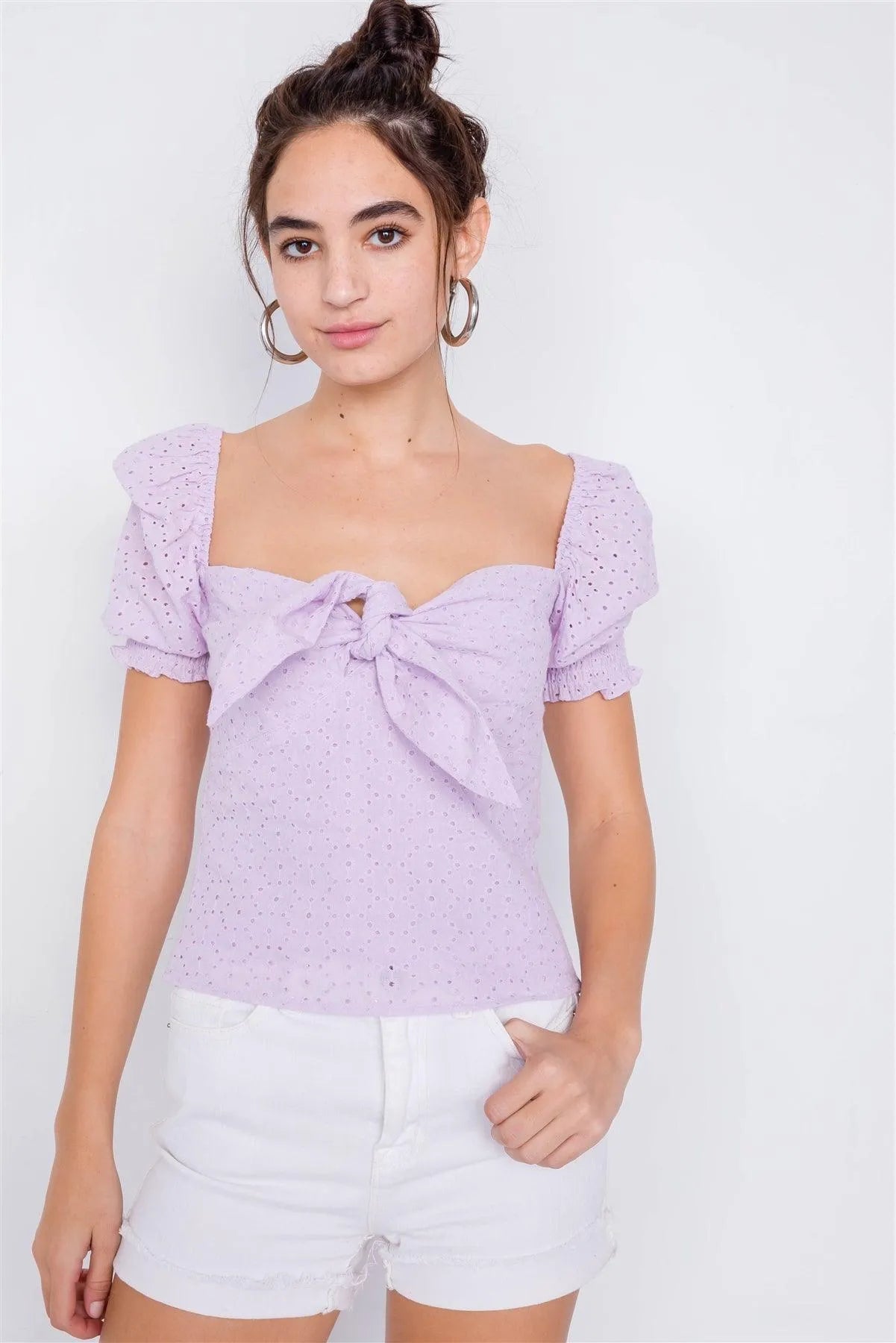 Lavender Floral Eyelet Office Chic Square Neck Front Bow Top /3-2-1 - Tasha Apparel Wholesale