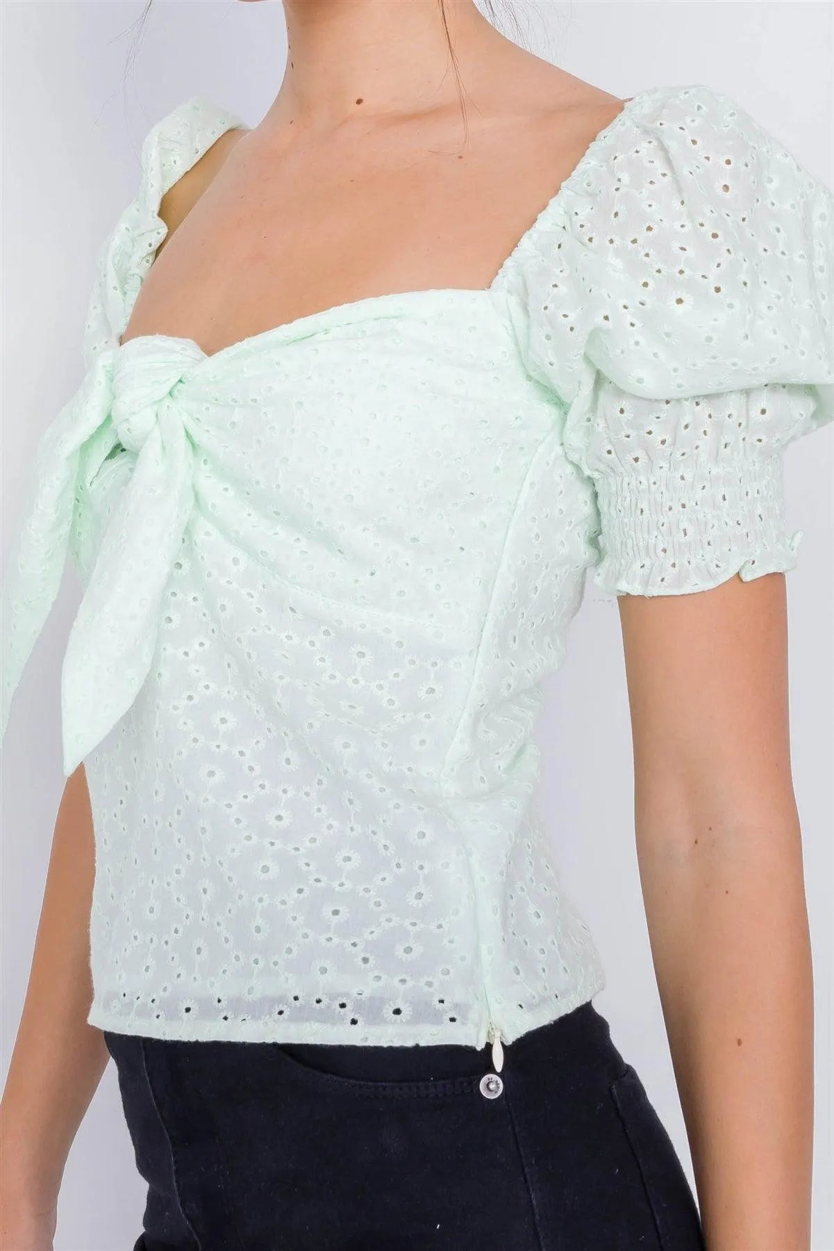Melon Floral Eyelet Office Chic Square Neck Front Bow Top /2-2-1 - Tasha Apparel Wholesale