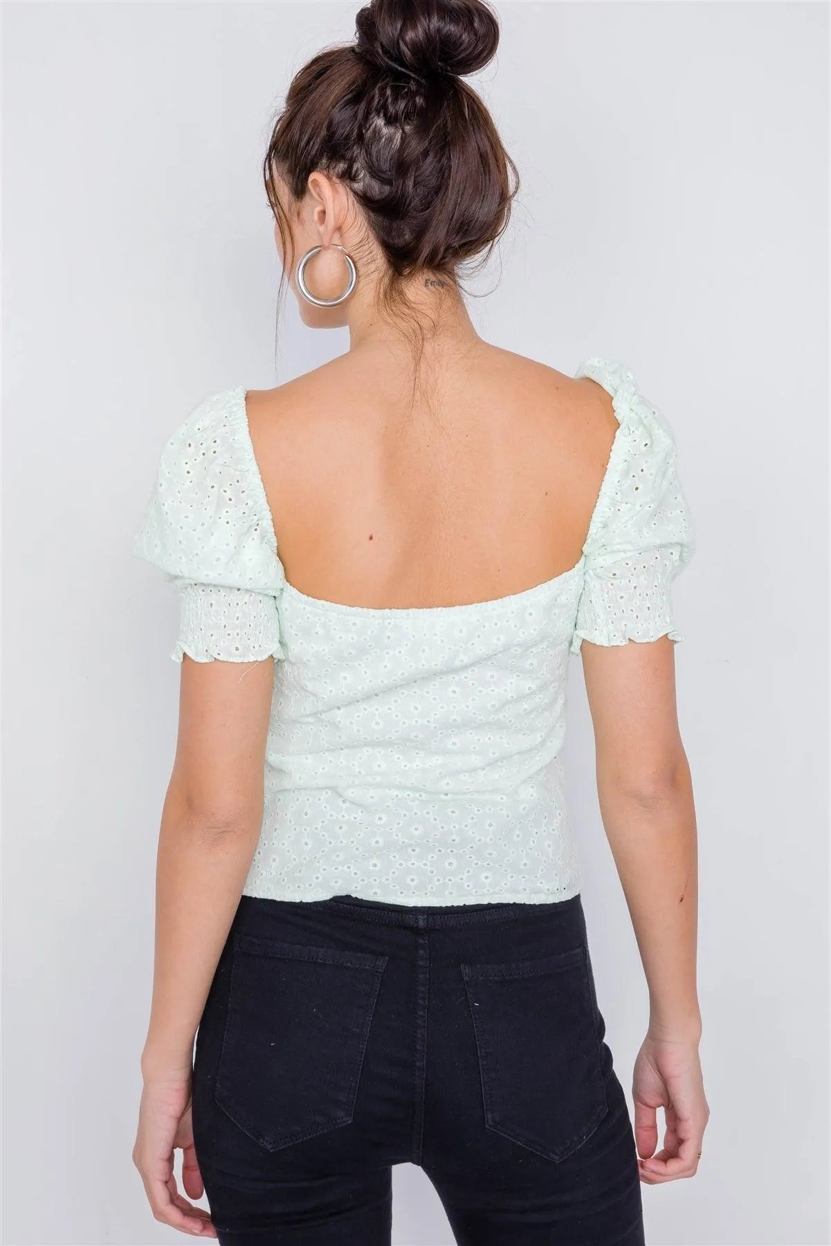 Melon Floral Eyelet Office Chic Square Neck Front Bow Top /2-2-1 - Tasha Apparel Wholesale