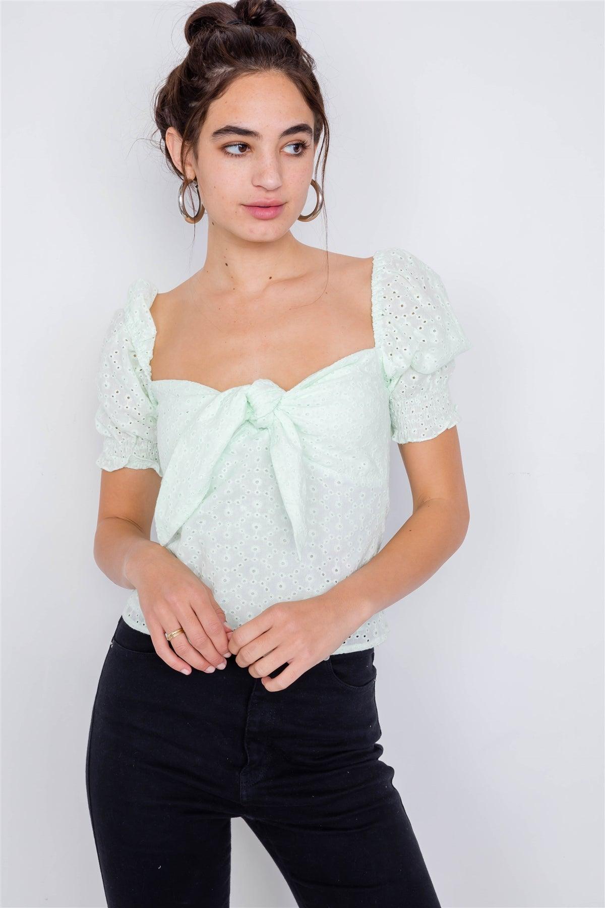 Melon Floral Eyelet Office Chic Square Neck Front Bow Top   /3-2-1