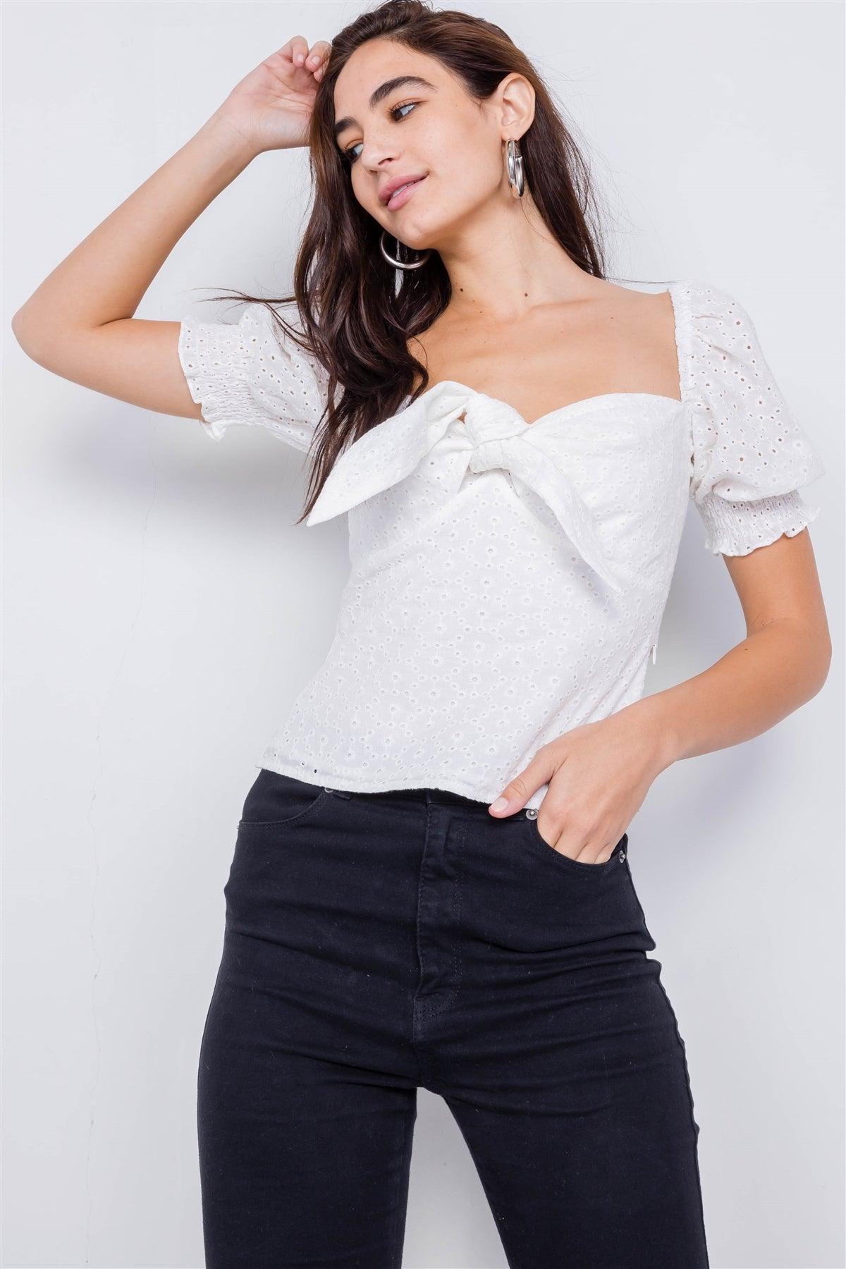 Off-White Floral Eyelet Office Chic Square Neck Front Bow Top /4-2-1