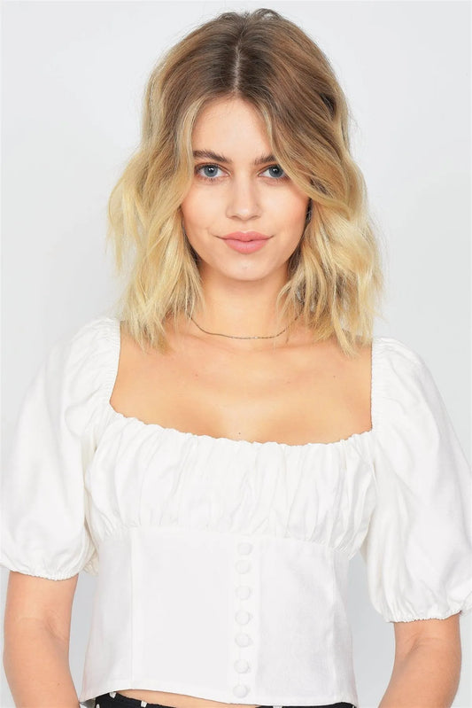Off-White Vintage Cap Puff Sleeve Mock Button Crop Top /3-2-1 - Tasha Apparel Wholesale