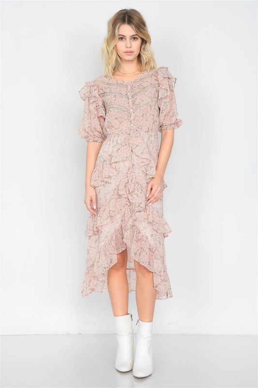 Dusty Rose Watercolor Floral Print Middle Slit Lace Sheer Trim Midi Dress /3-2-1 - Tasha Apparel Wholesale