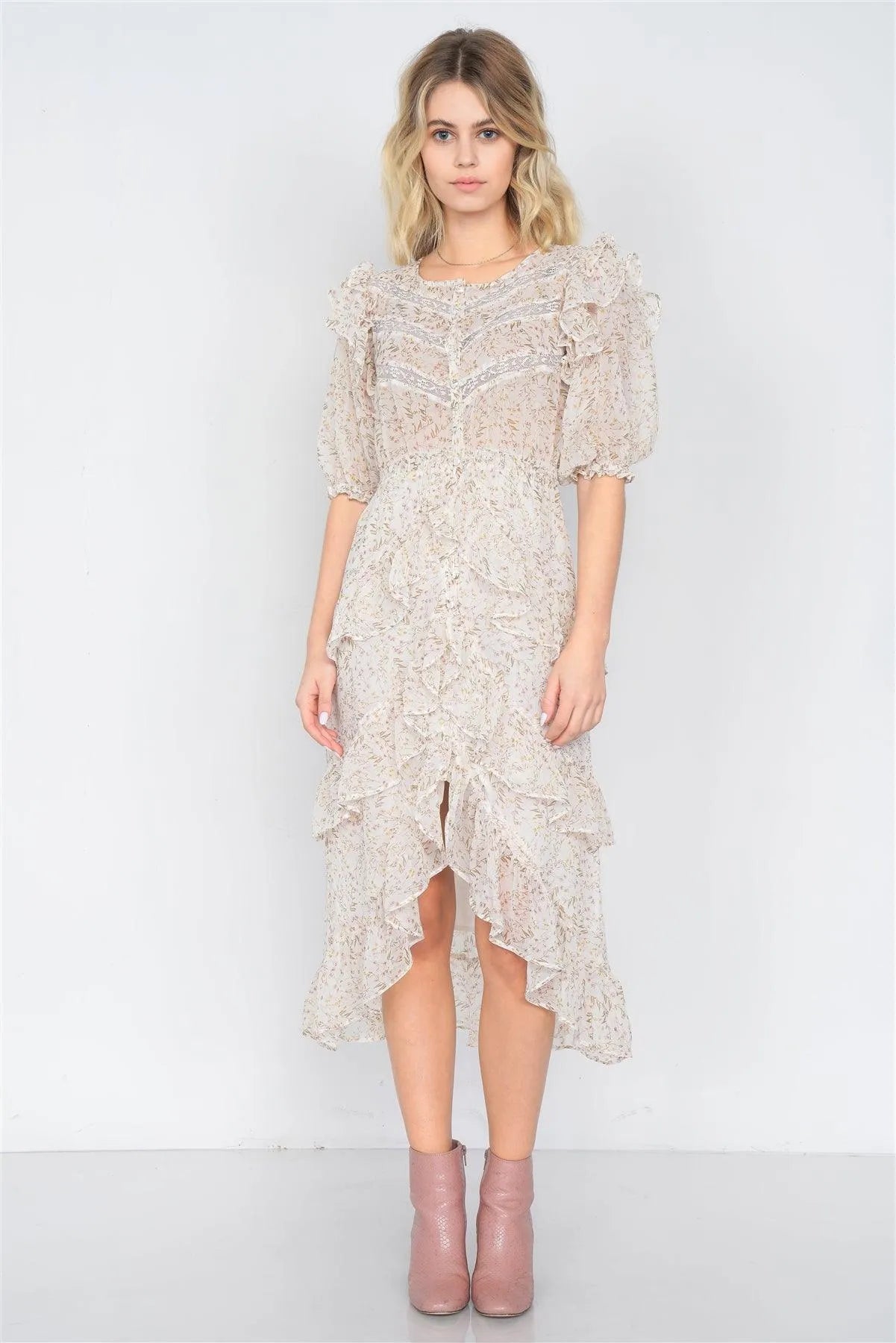 Ivory Watercolor Floral Print Middle Slit Lace Sheer Trim Midi Dress /3-2-1 - Tasha Apparel Wholesale