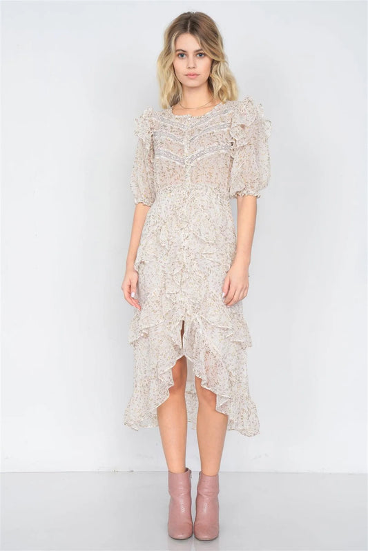 Ivory Watercolor Floral Print Middle Slit Lace Sheer Trim Midi Dress /3-2-1 - Tasha Apparel Wholesale