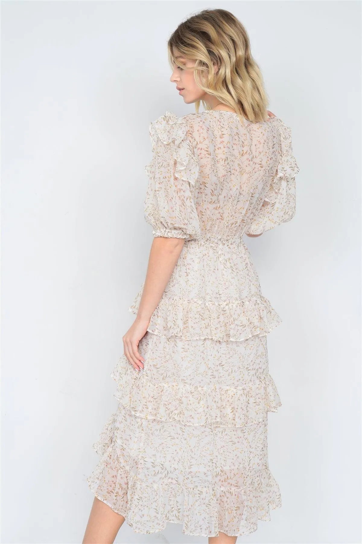 Ivory Watercolor Floral Print Middle Slit Lace Sheer Trim Midi Dress /3-2-1 - Tasha Apparel Wholesale