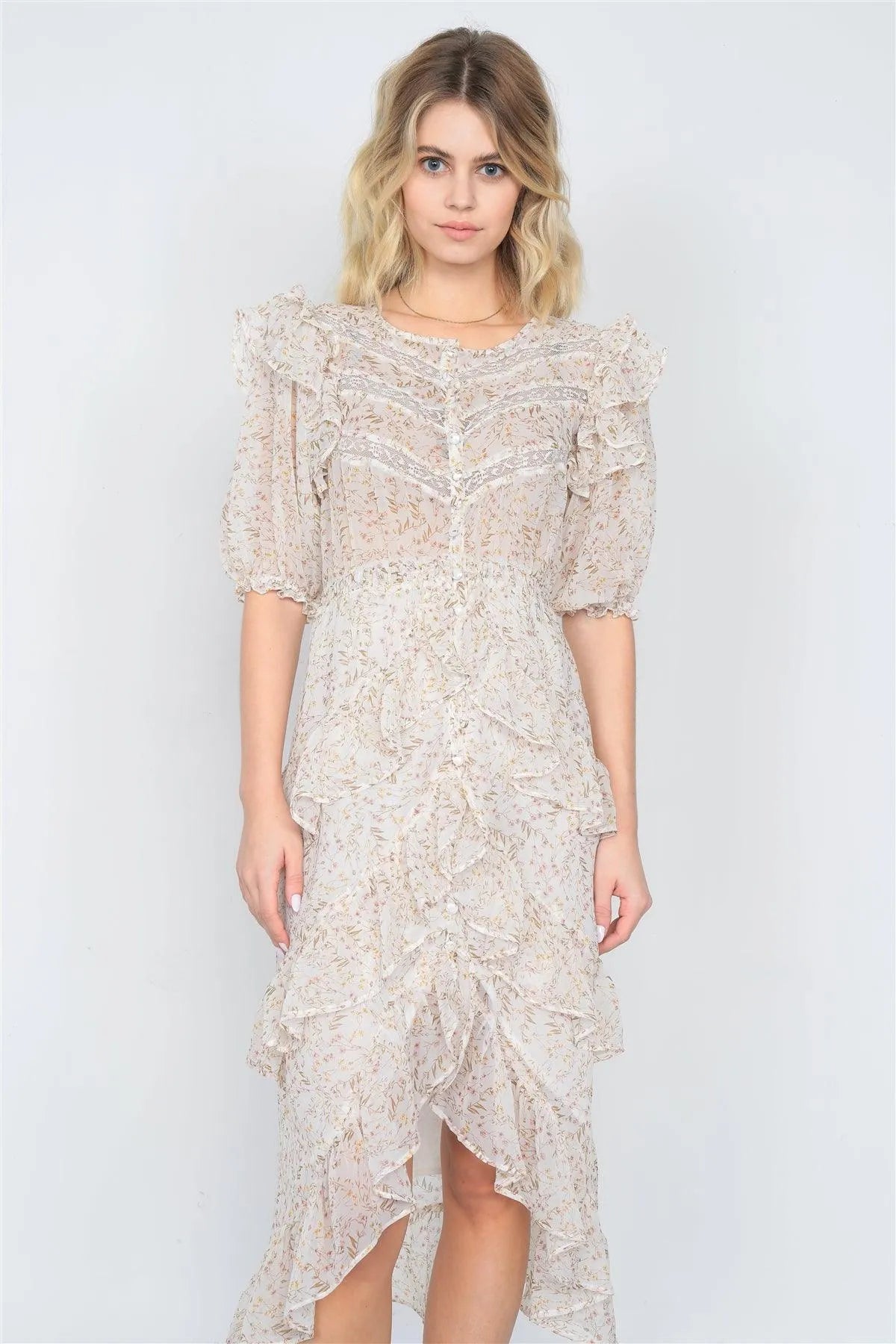 Ivory Watercolor Floral Print Middle Slit Lace Sheer Trim Midi Dress /3-2-1 - Tasha Apparel Wholesale