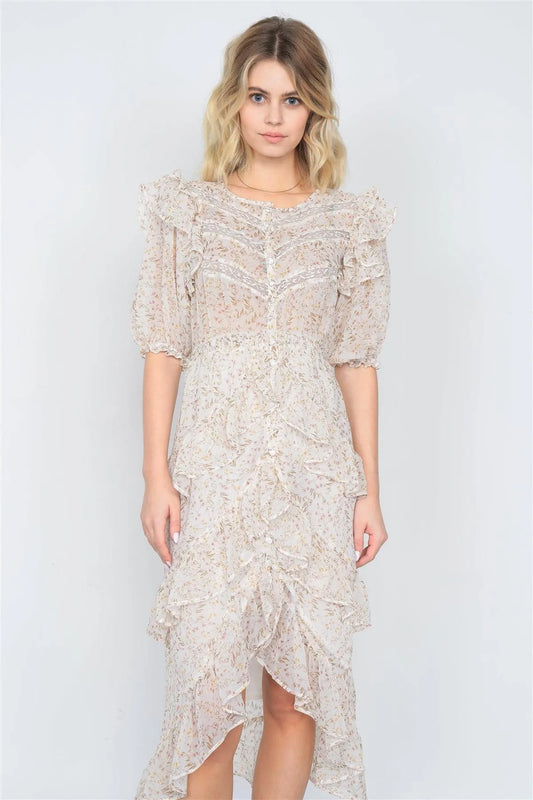 Ivory Watercolor Floral Print Middle Slit Lace Sheer Trim Midi Dress /2-2-2 - Tasha Apparel Wholesale