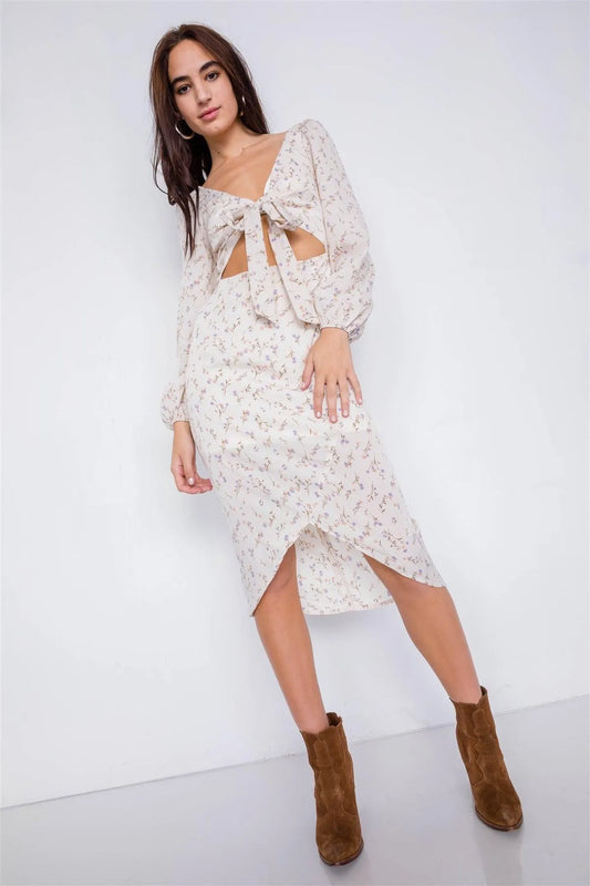 Flower Minimalist Print Center Cut-Out High-Low Midi Dress /1-1-1 - Tasha Apparel Wholesale