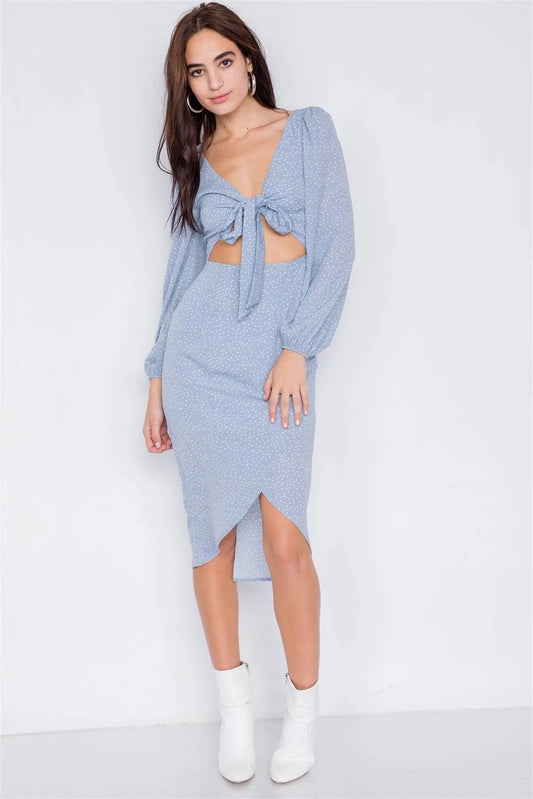 Sky Minimalist Print Center Cut-Out Polkadot High-Low Midi Dress /3-2-1 - Tasha Apparel Wholesale