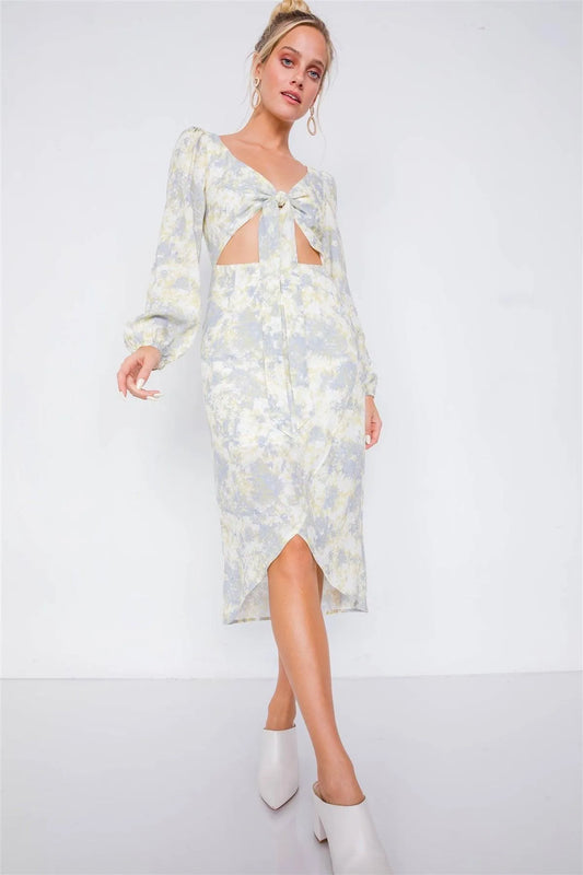 Yellow Minimalist Watercolor Print Center Cut-Out High-Low Midi Dress /1-1-1 - Tasha Apparel Wholesale