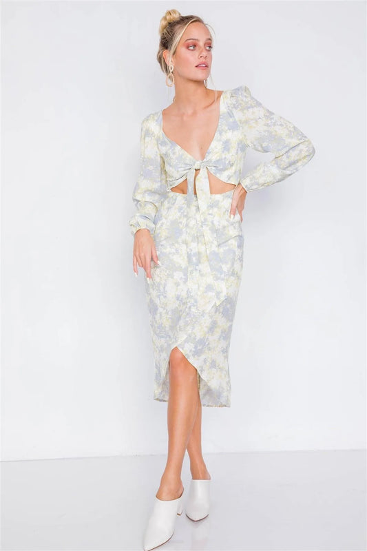 Yellow Minimalist Watercolor Print Center Cut-Out High-Low Midi Dress /3-2-1 - Tasha Apparel Wholesale
