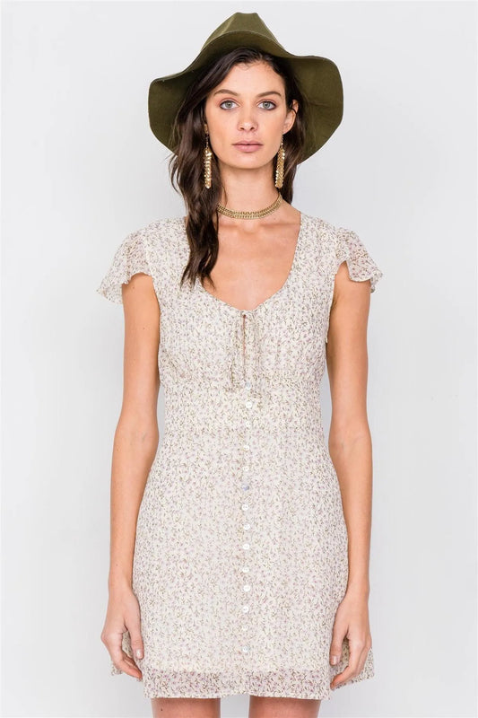 Cream Yellow Scoop Neck Front Button Floral Mini Dress /2-2-1 - Tasha Apparel Wholesale
