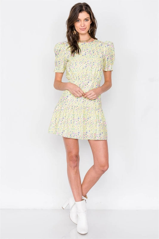 Lemon Lime Green Cartoon Floral Print Mini Cotton Dress /2-1-1 - Tasha Apparel Wholesale