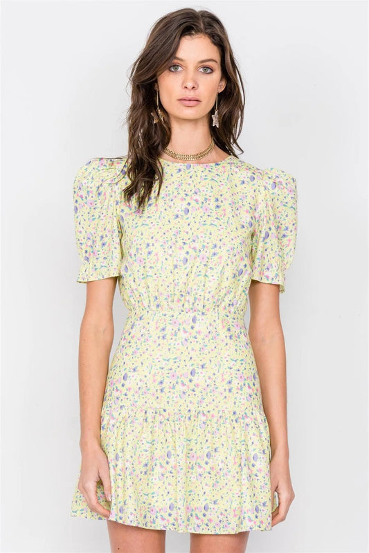 Lemon Lime Green Cartoon Floral Print Mini Cotton Dress /3-2-1 - Tasha Apparel Wholesale