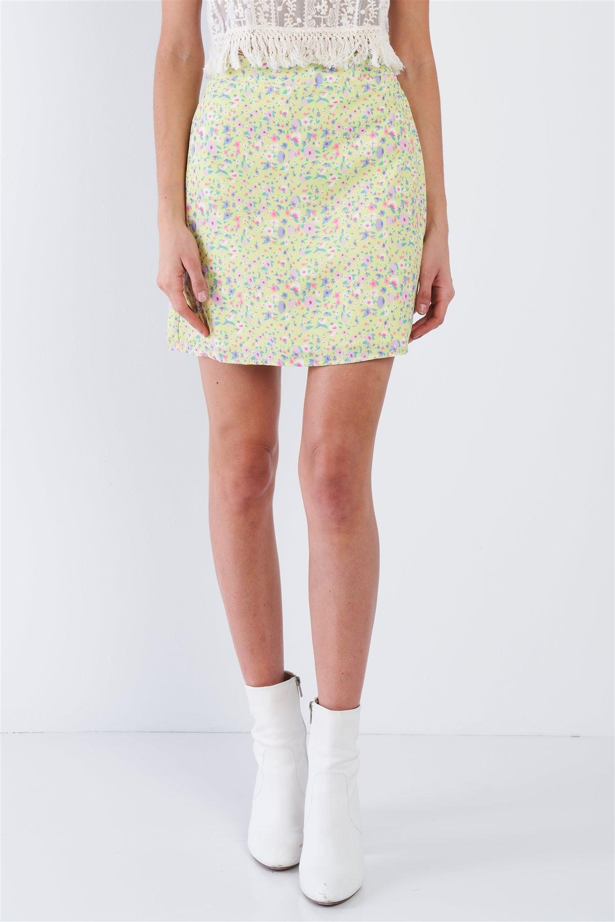 Lemon Yellow Floral Print Mid Rise Mini Floral Skirt   /3-2-1