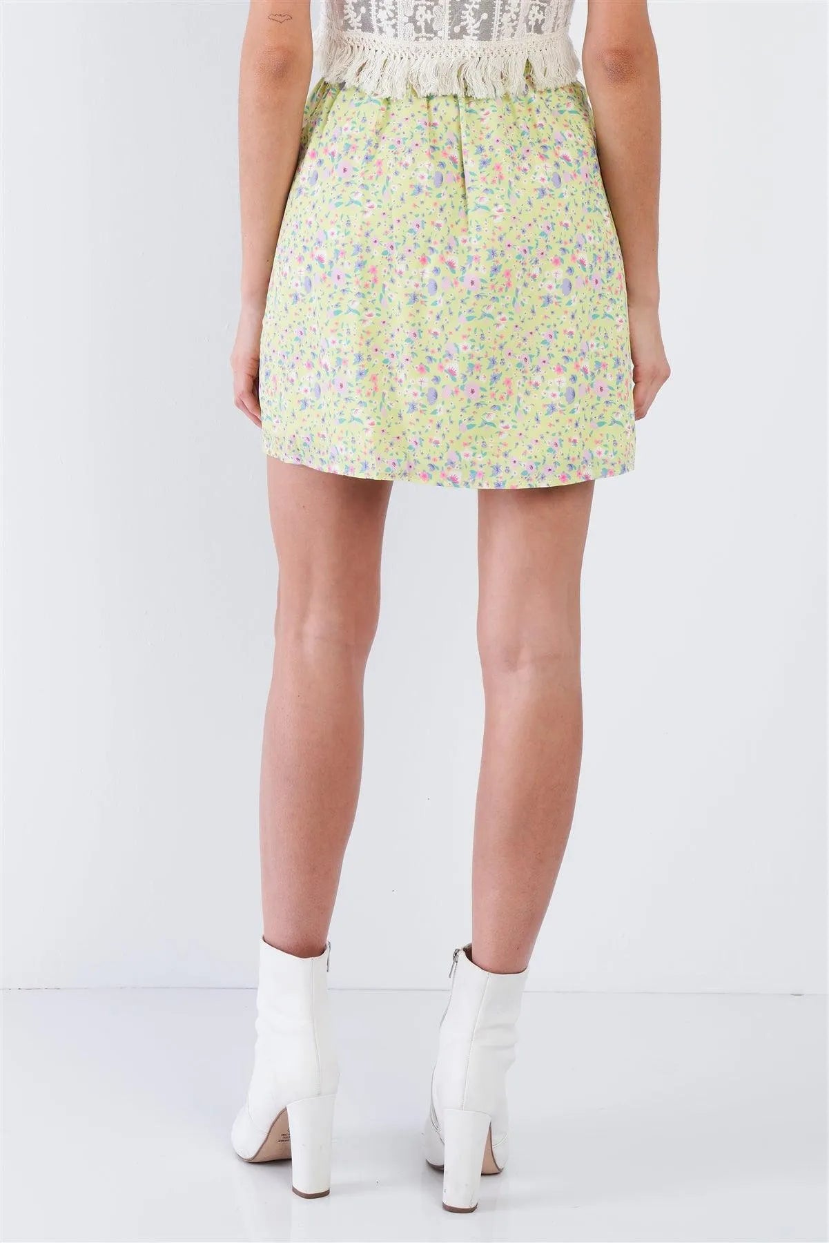 Lemon Yellow Floral Print Mid Rise Mini Floral Skirt /3-2-1 - Tasha Apparel Wholesale