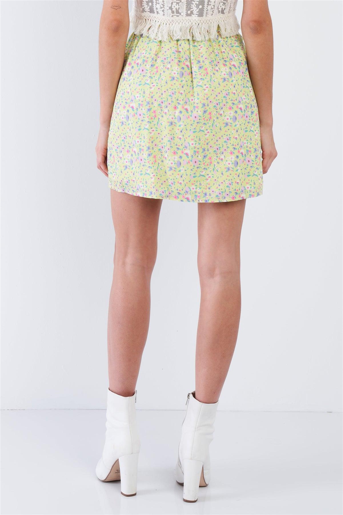 Lemon Yellow Floral Print Mid Rise Mini Floral Skirt
