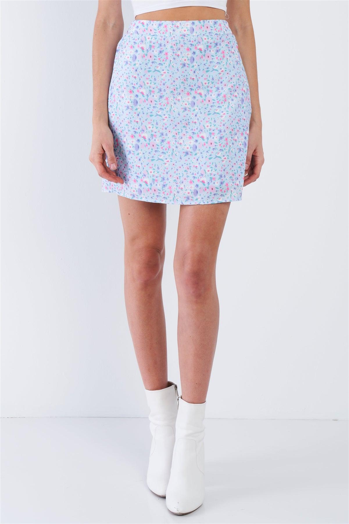 Sky Blue Floral Print Mid Rise Mini Floral Skirt